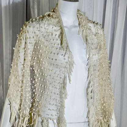 Victorian Edwardian fringed shawl scarf, 1900s Creamy White net and yarn Bridal Wrap