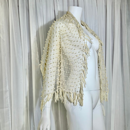 Victorian Edwardian fringed shawl scarf, 1900s Creamy White net and yarn Bridal Wrap