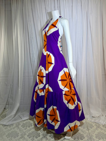 MARIMEKKO vintage 1970s maxi dress, Finland purple and orange op art cotton