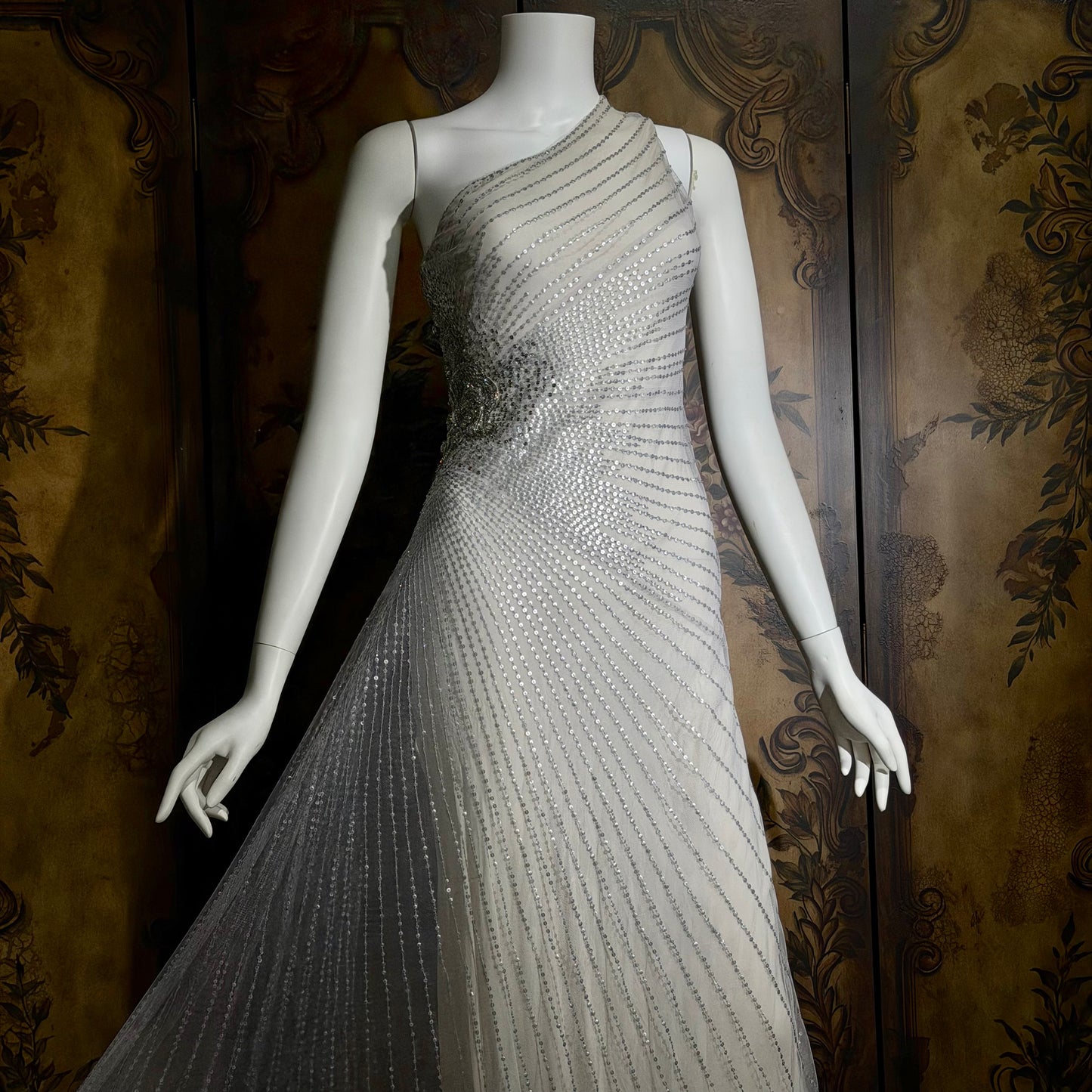 JENNY PACKHAM vintage evening dress gown, Y2K silver sequin one shoulder gown
