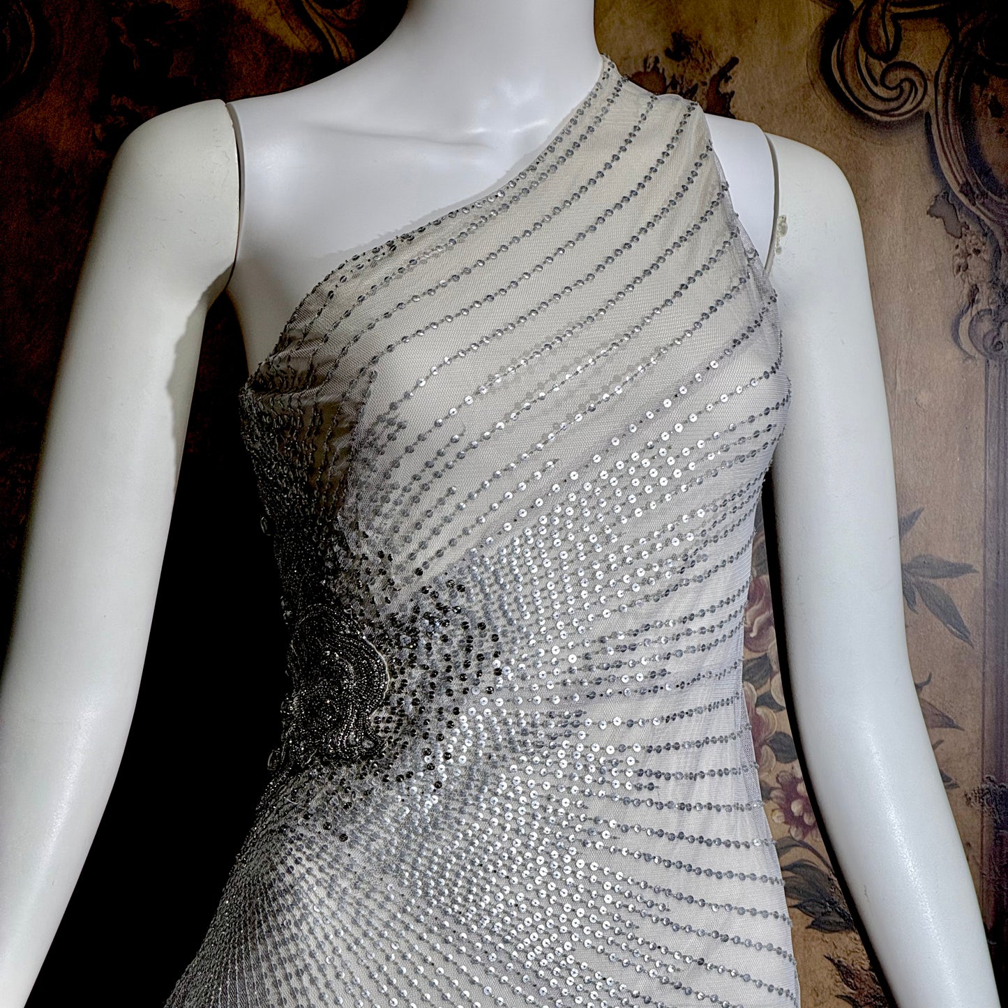 JENNY PACKHAM vintage evening dress gown, Y2K silver sequin one shoulder gown