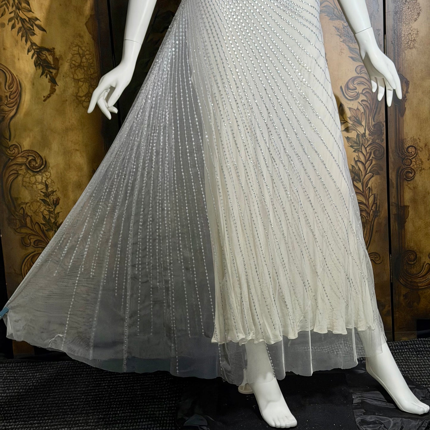 JENNY PACKHAM vintage evening dress gown, Y2K silver sequin one shoulder gown