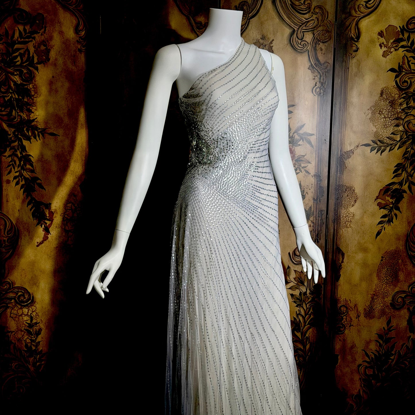 JENNY PACKHAM vintage evening dress gown, Y2K silver sequin one shoulder gown