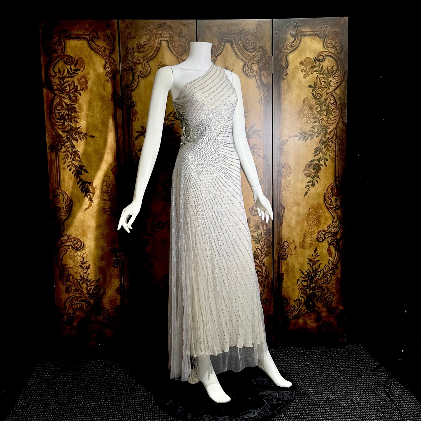 JENNY PACKHAM vintage evening dress gown, Y2K silver sequin one shoulder gown