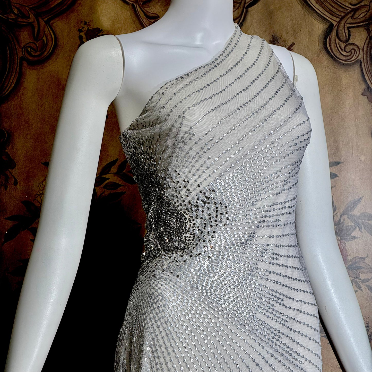 JENNY PACKHAM vintage evening dress gown, Y2K silver sequin one shoulder gown