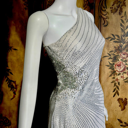 JENNY PACKHAM vintage evening dress gown, Y2K silver sequin one shoulder gown