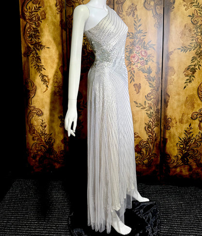 JENNY PACKHAM vintage evening dress gown, Y2K silver sequin one shoulder gown