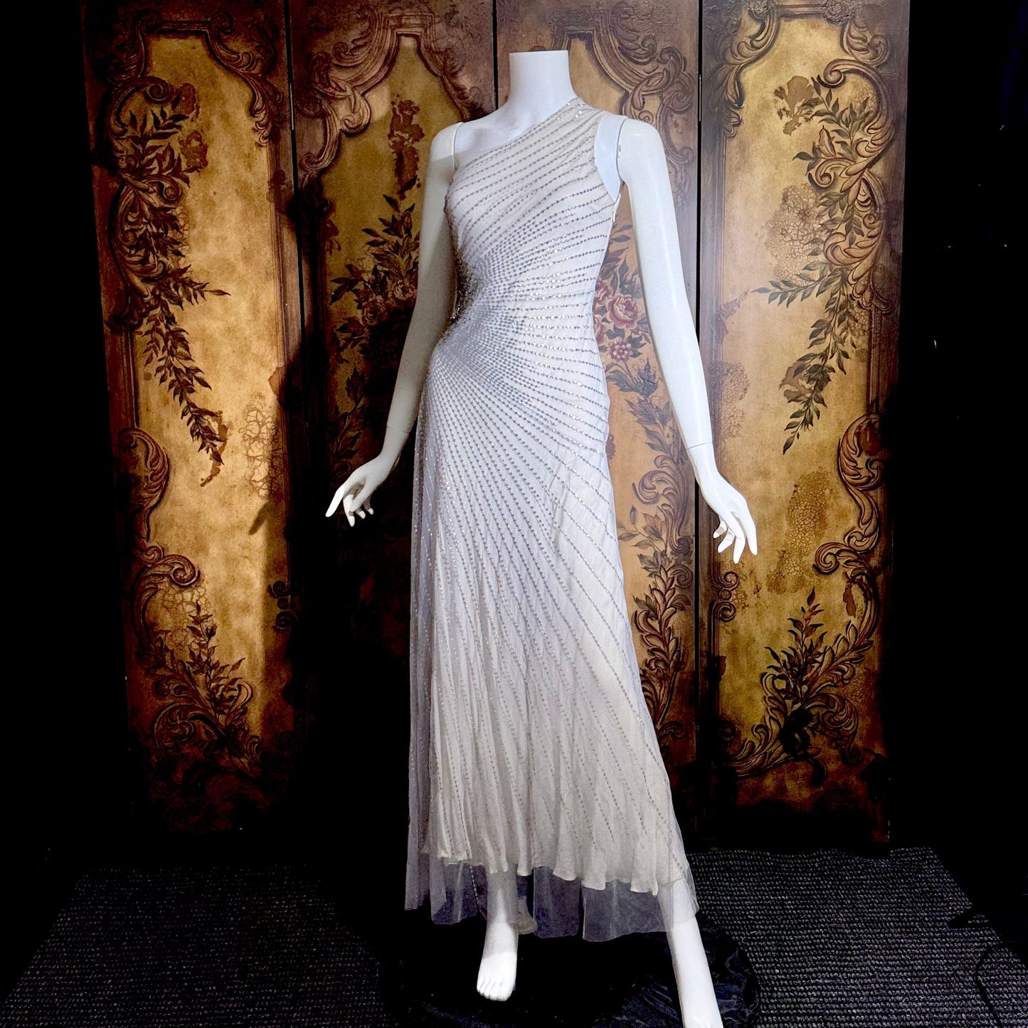 JENNY PACKHAM vintage evening dress gown, Y2K silver sequin one shoulder gown