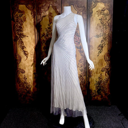 JENNY PACKHAM vintage evening dress gown, Y2K silver sequin one shoulder gown