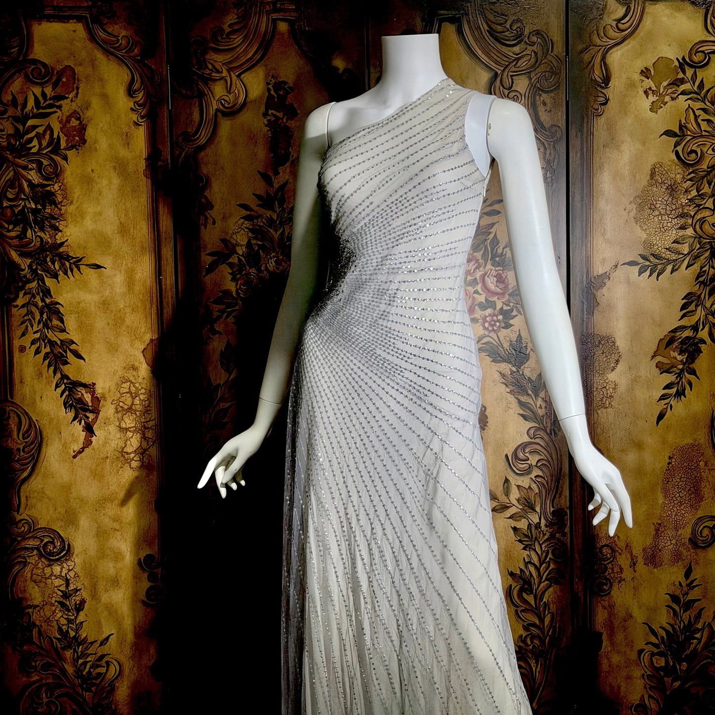 JENNY PACKHAM vintage evening dress gown, Y2K silver sequin one shoulder gown