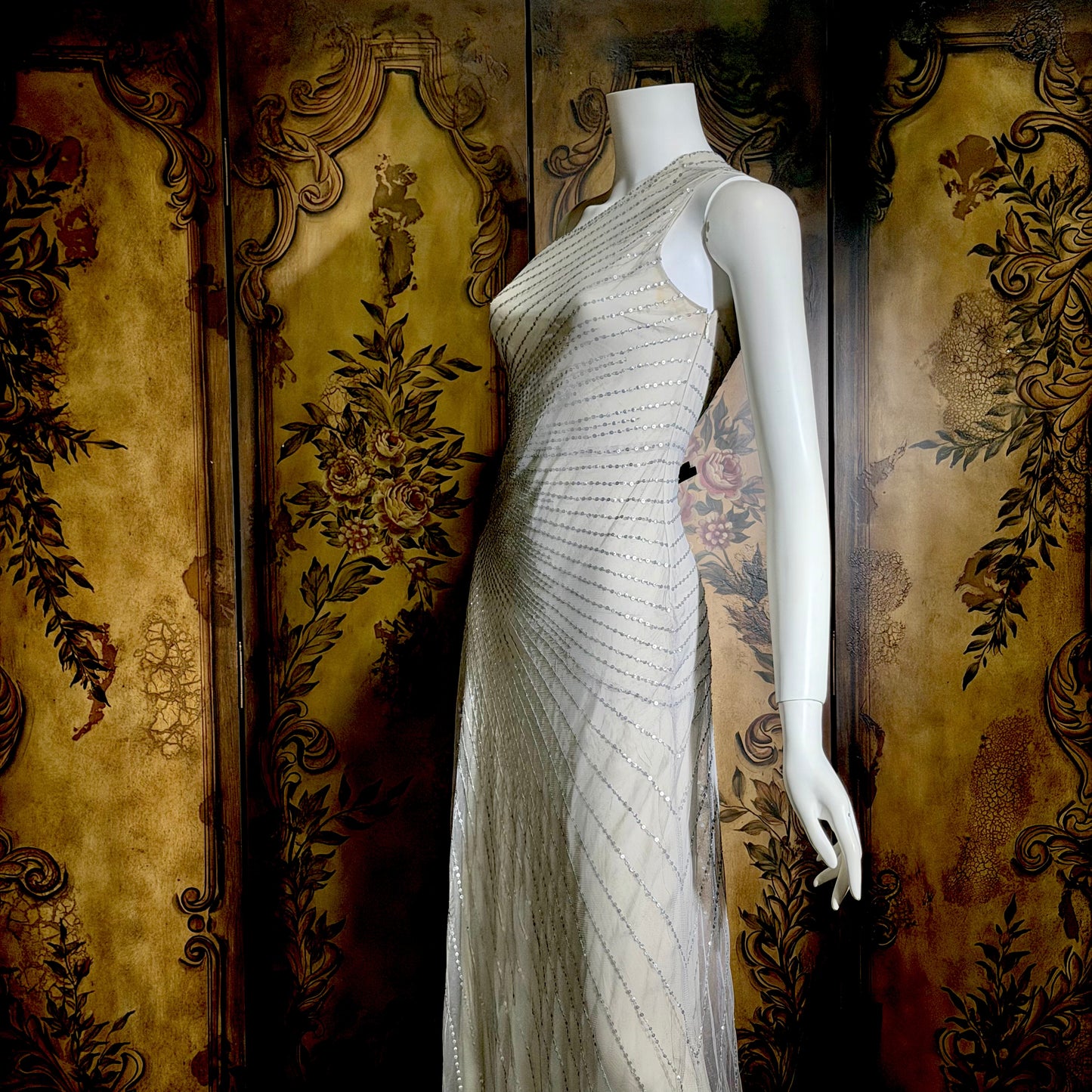 JENNY PACKHAM vintage evening dress gown, Y2K silver sequin one shoulder gown