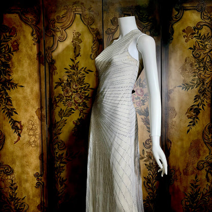 JENNY PACKHAM vintage evening dress gown, Y2K silver sequin one shoulder gown