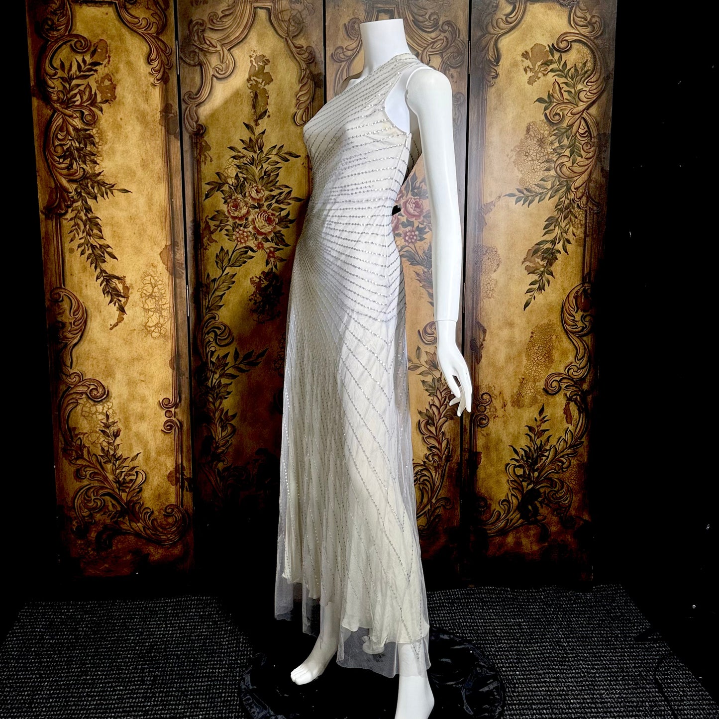 JENNY PACKHAM vintage evening dress gown, Y2K silver sequin one shoulder gown
