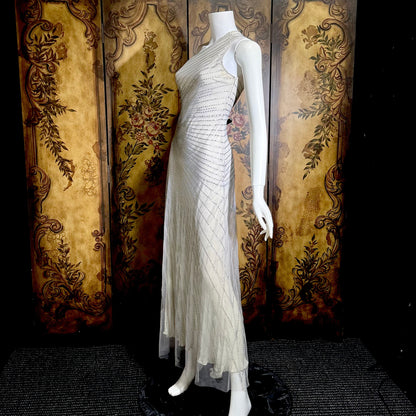 JENNY PACKHAM vintage evening dress gown, Y2K silver sequin one shoulder gown