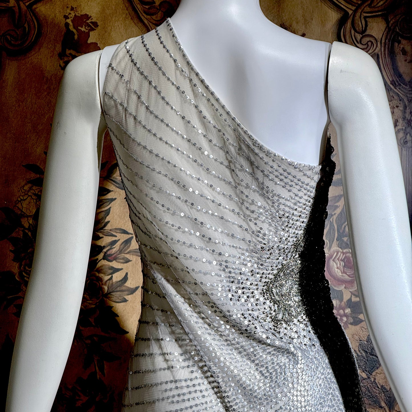 JENNY PACKHAM vintage evening dress gown, Y2K silver sequin one shoulder gown
