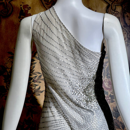 JENNY PACKHAM vintage evening dress gown, Y2K silver sequin one shoulder gown