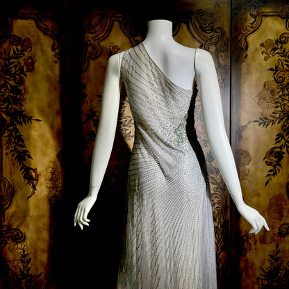 JENNY PACKHAM vintage evening dress gown, Y2K silver sequin one shoulder gown