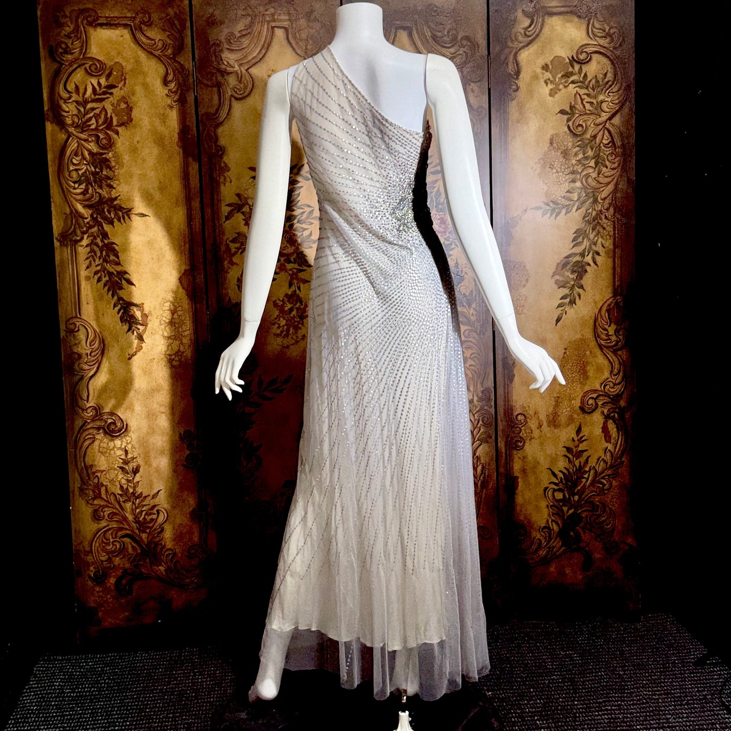 JENNY PACKHAM vintage evening dress gown, Y2K silver sequin one shoulder gown