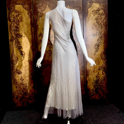 JENNY PACKHAM vintage evening dress gown, Y2K silver sequin one shoulder gown