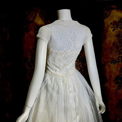 1950s vintage Tea Length wedding dress gown, White Lace Bridal dress