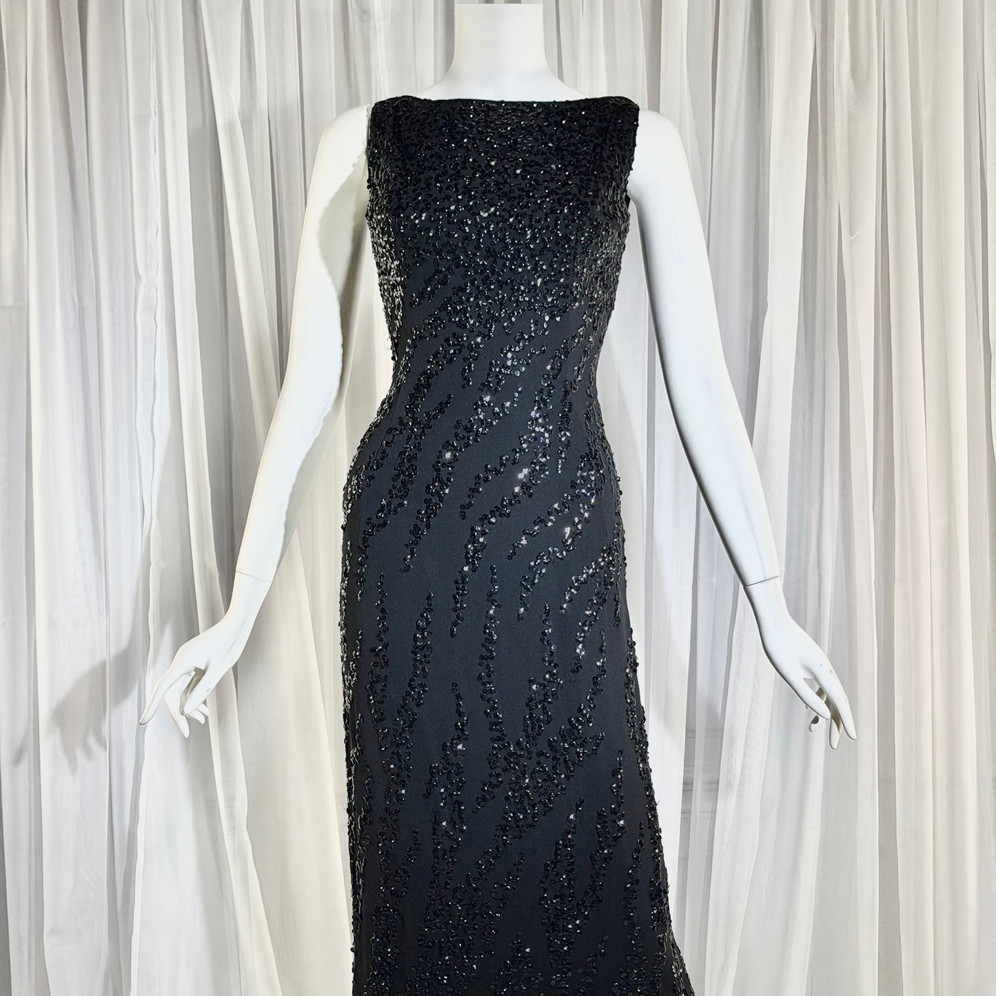 FRANK STARR Vintage 1950s evening gown dress, Lord & Taylor, black sequin sheath evening gown