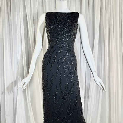 FRANK STARR Vintage 1950s evening gown dress, Lord & Taylor, black sequin sheath evening gown