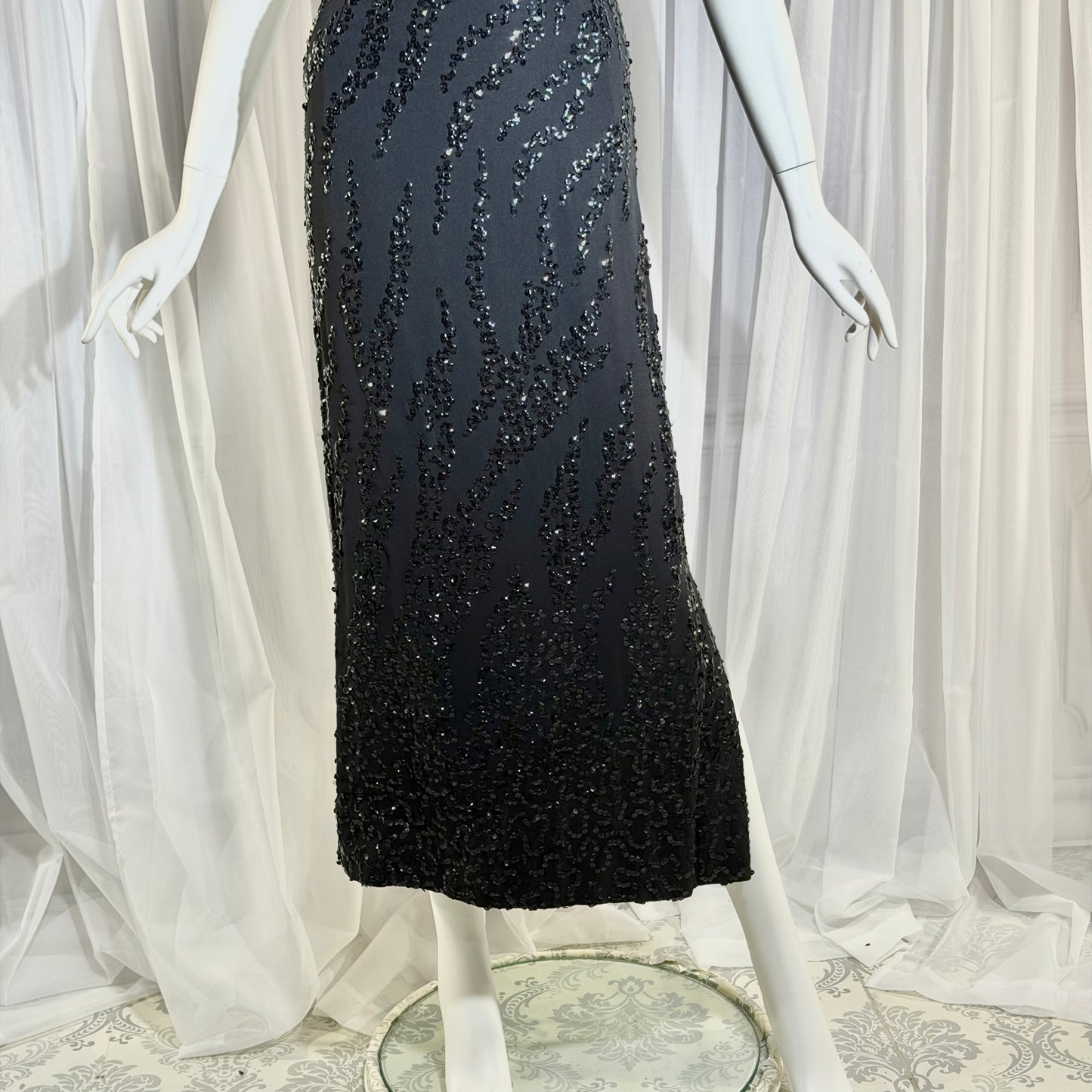 FRANK STARR Vintage 1950s evening gown dress, Lord & Taylor, black sequin sheath evening gown