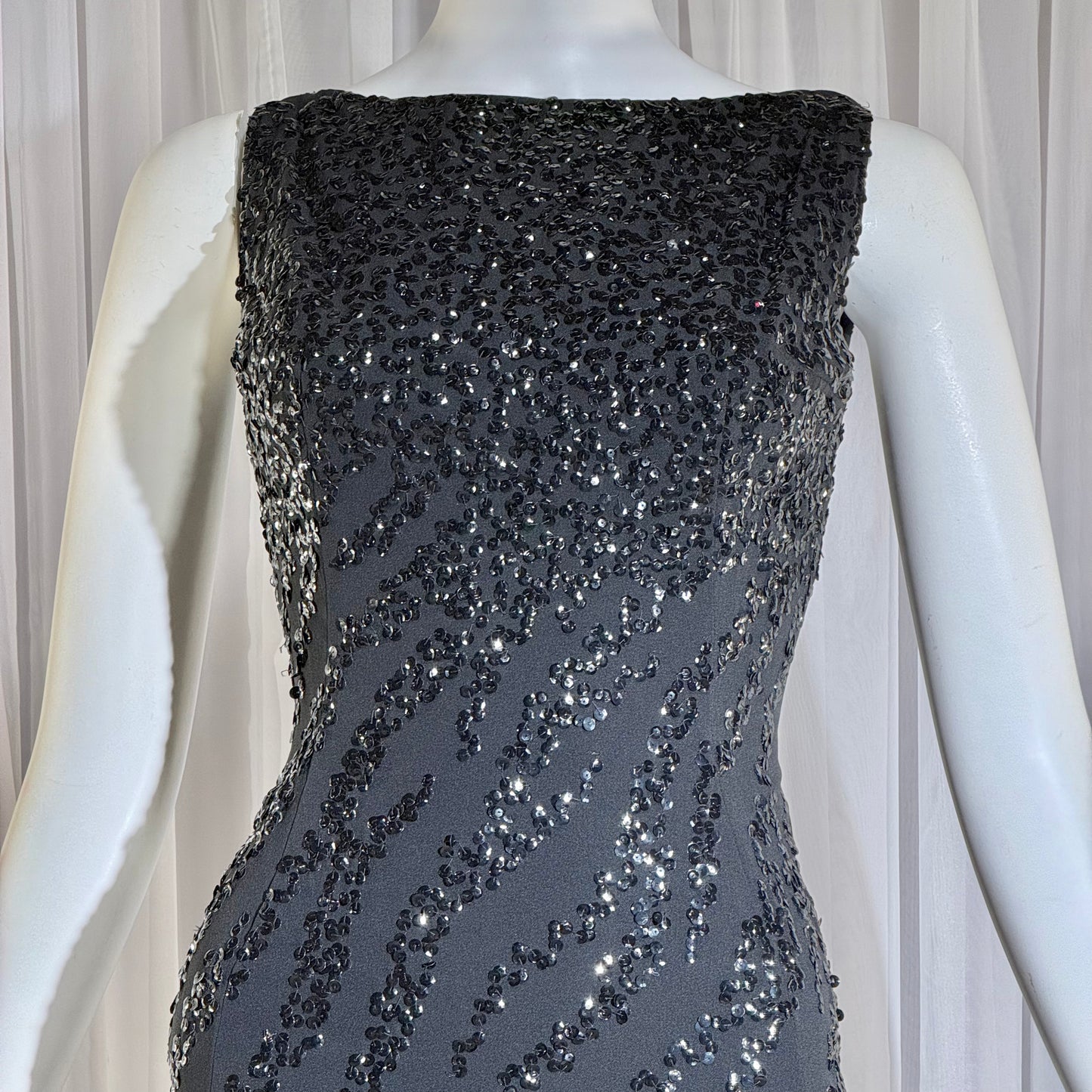 FRANK STARR Vintage 1950s evening gown dress, Lord & Taylor, black sequin sheath evening gown