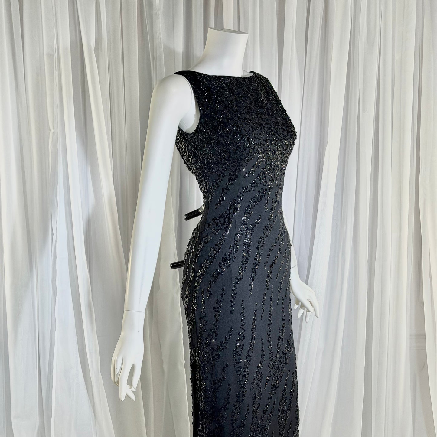 FRANK STARR Vintage 1950s evening gown dress, Lord & Taylor, black sequin sheath evening gown