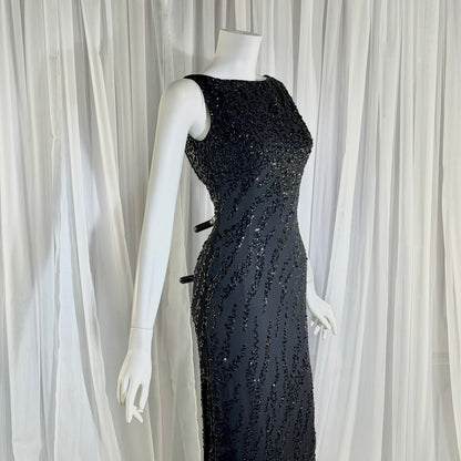 FRANK STARR Vintage 1950s evening gown dress, Lord & Taylor, black sequin sheath evening gown