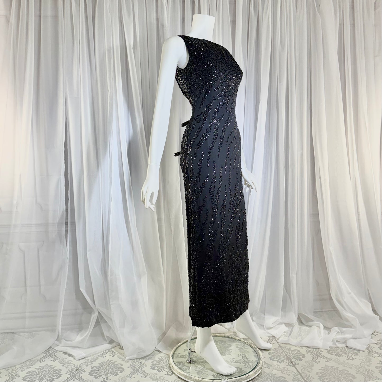 FRANK STARR Vintage 1950s evening gown dress, Lord & Taylor, black sequin sheath evening gown
