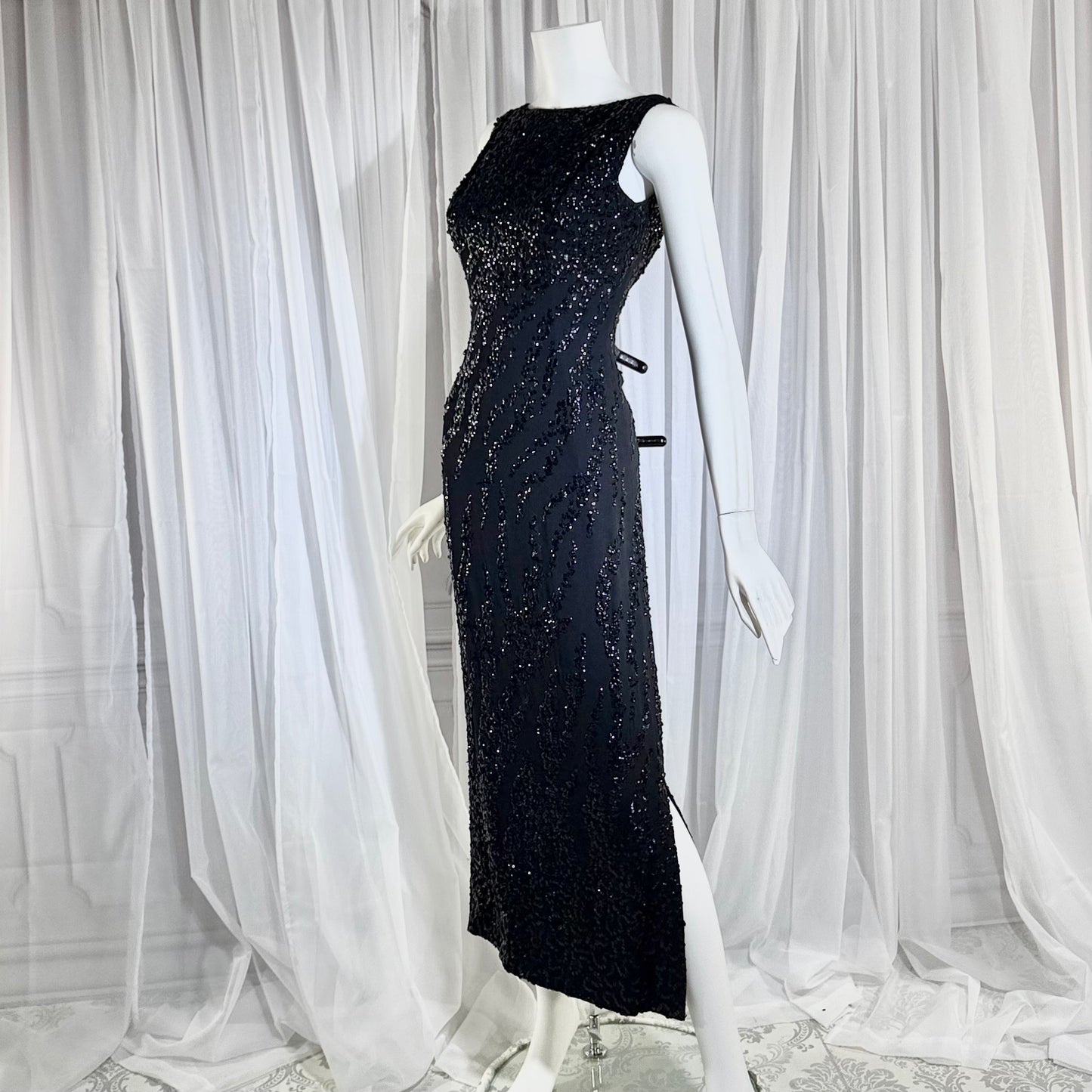 FRANK STARR Vintage 1950s evening gown dress, Lord & Taylor, black sequin sheath evening gown