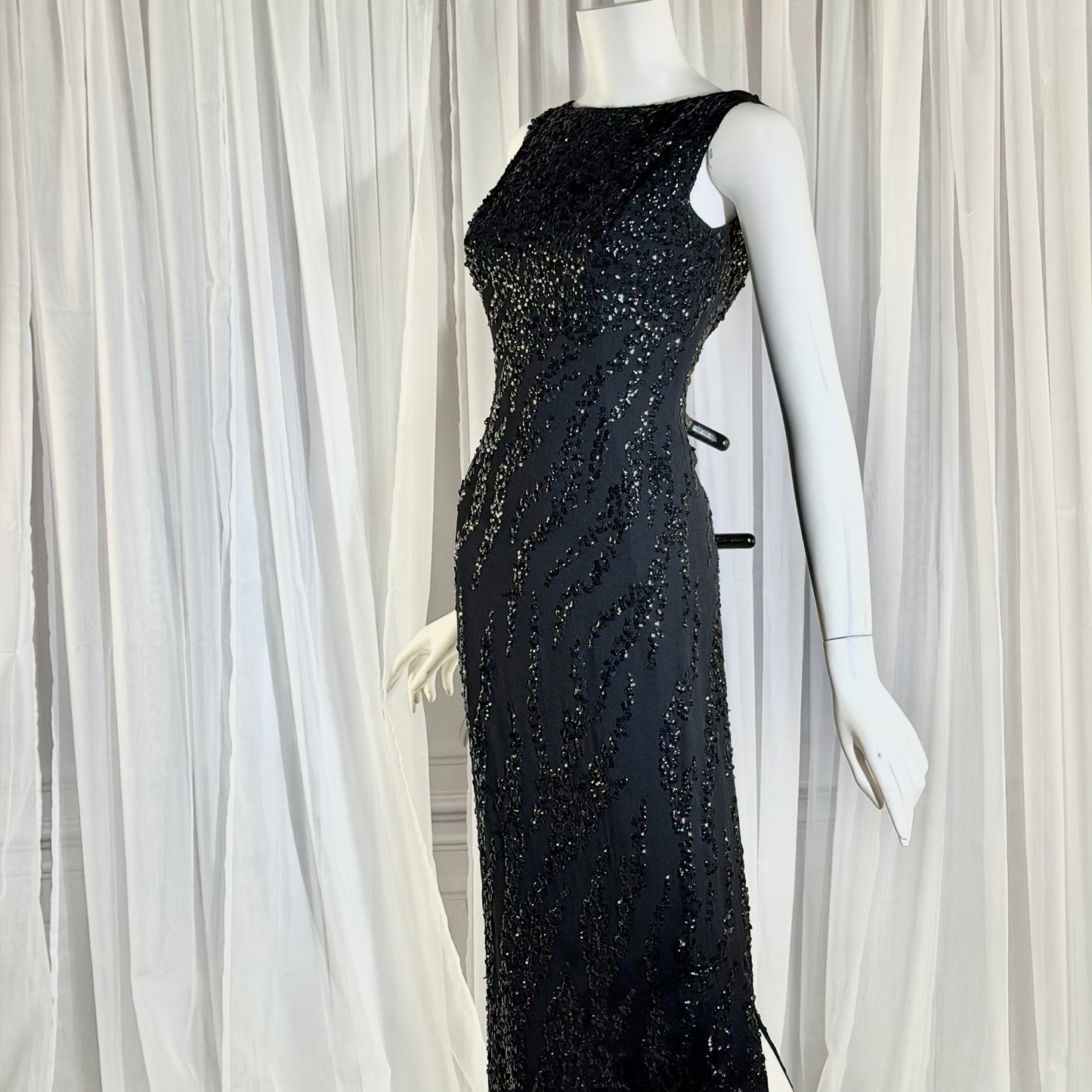 FRANK STARR Vintage 1950s evening gown dress, Lord & Taylor, black sequin sheath evening gown
