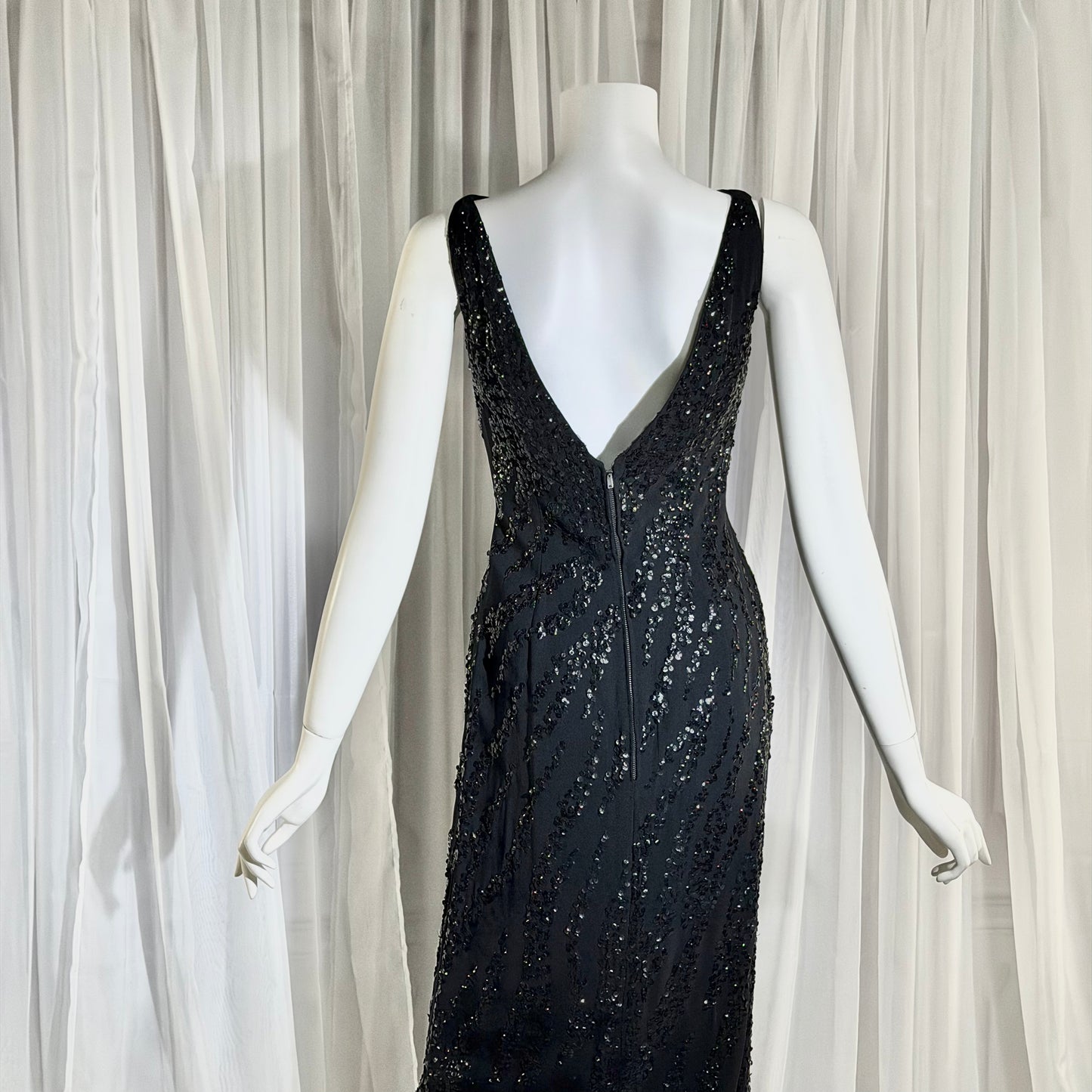 FRANK STARR Vintage 1950s evening gown dress, Lord & Taylor, black sequin sheath evening gown