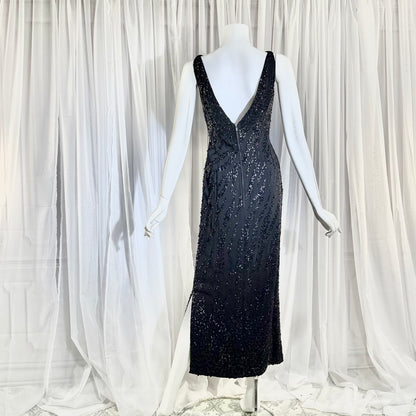 FRANK STARR Vintage 1950s evening gown dress, Lord & Taylor, black sequin sheath evening gown
