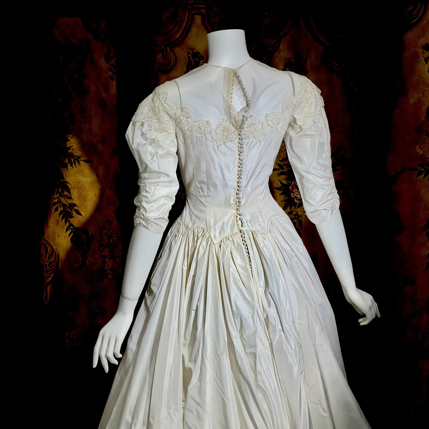 PRISCILLA of BOSTON 1950s designer vintage wedding dress gown, white silk and lace bridal gown