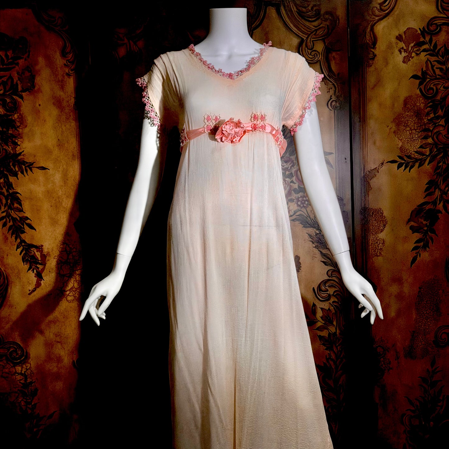 1900s Edwardian nightgown dress, Romantic Dusty pink cotton gauze muslin lingerie dress with needlework