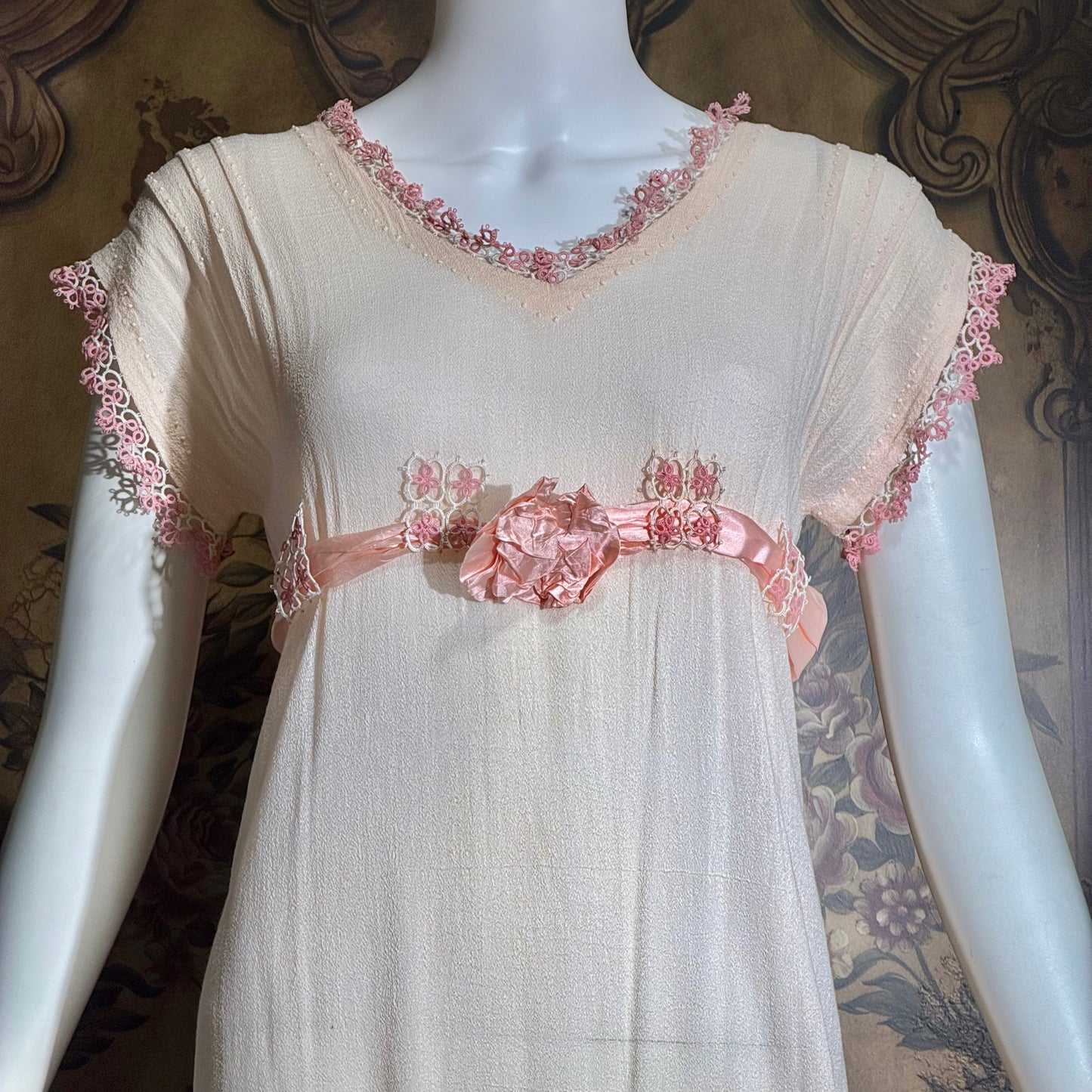 1900s Edwardian nightgown dress, Romantic Dusty pink cotton gauze muslin lingerie dress with needlework