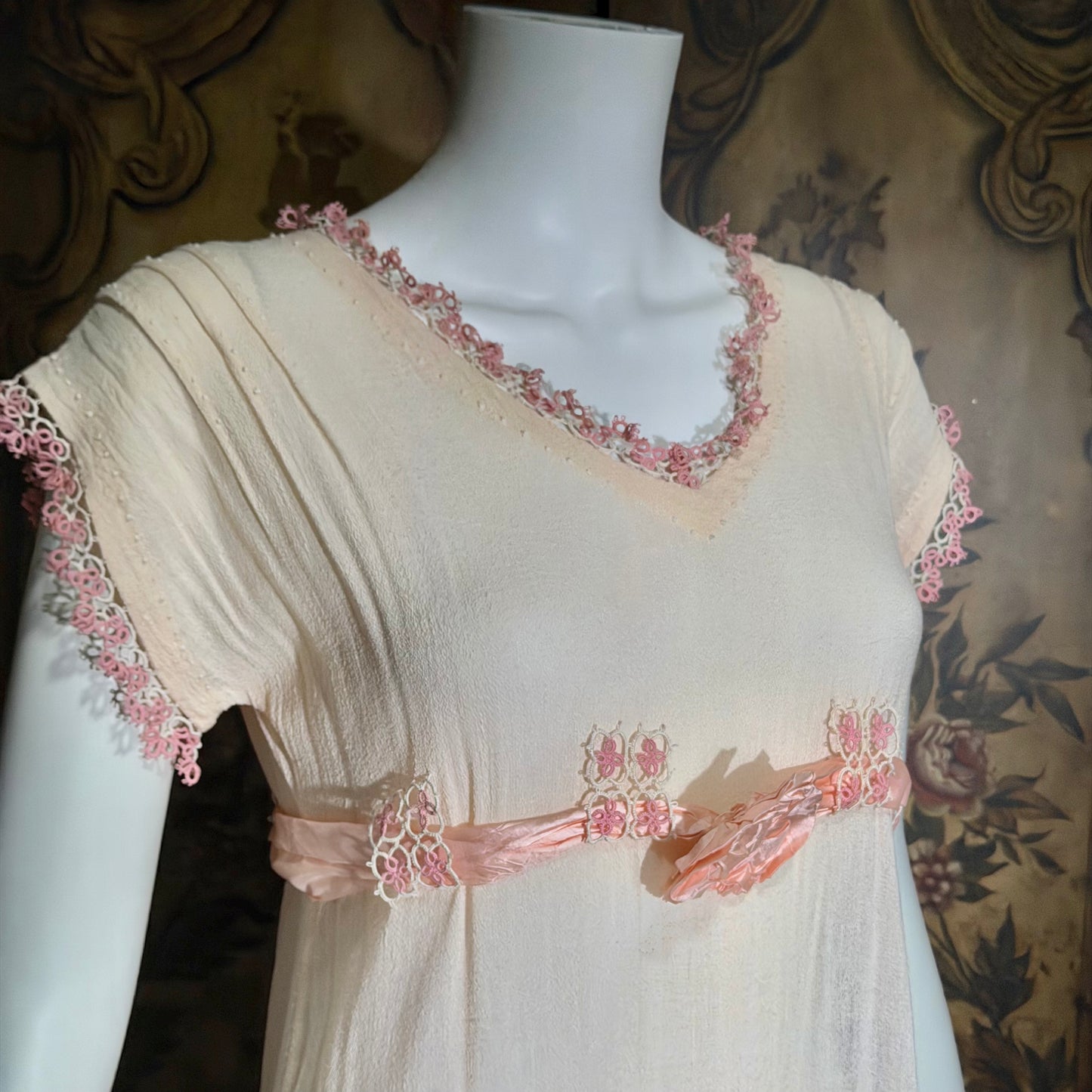 1900s Edwardian nightgown dress, Romantic Dusty pink cotton gauze muslin lingerie dress with needlework