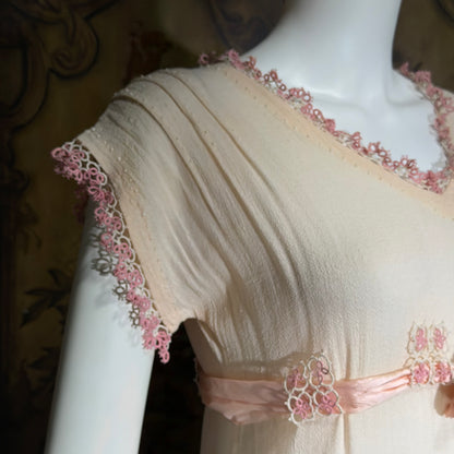 1900s Edwardian nightgown dress, Romantic Dusty pink cotton gauze muslin lingerie dress with needlework