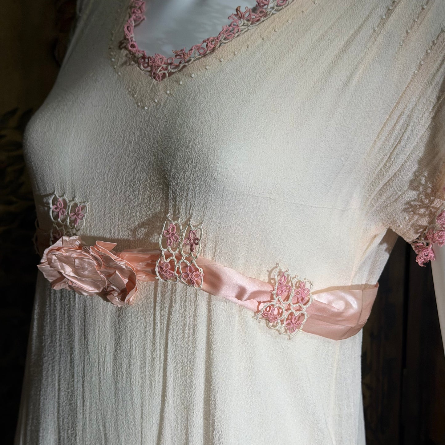 1900s Edwardian nightgown dress, Romantic Dusty pink cotton gauze muslin lingerie dress with needlework