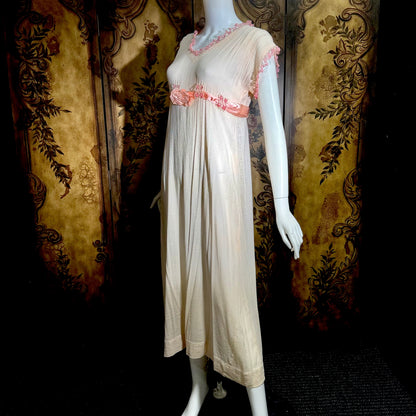 1900s Edwardian nightgown dress, Romantic Dusty pink cotton gauze muslin lingerie dress with needlework
