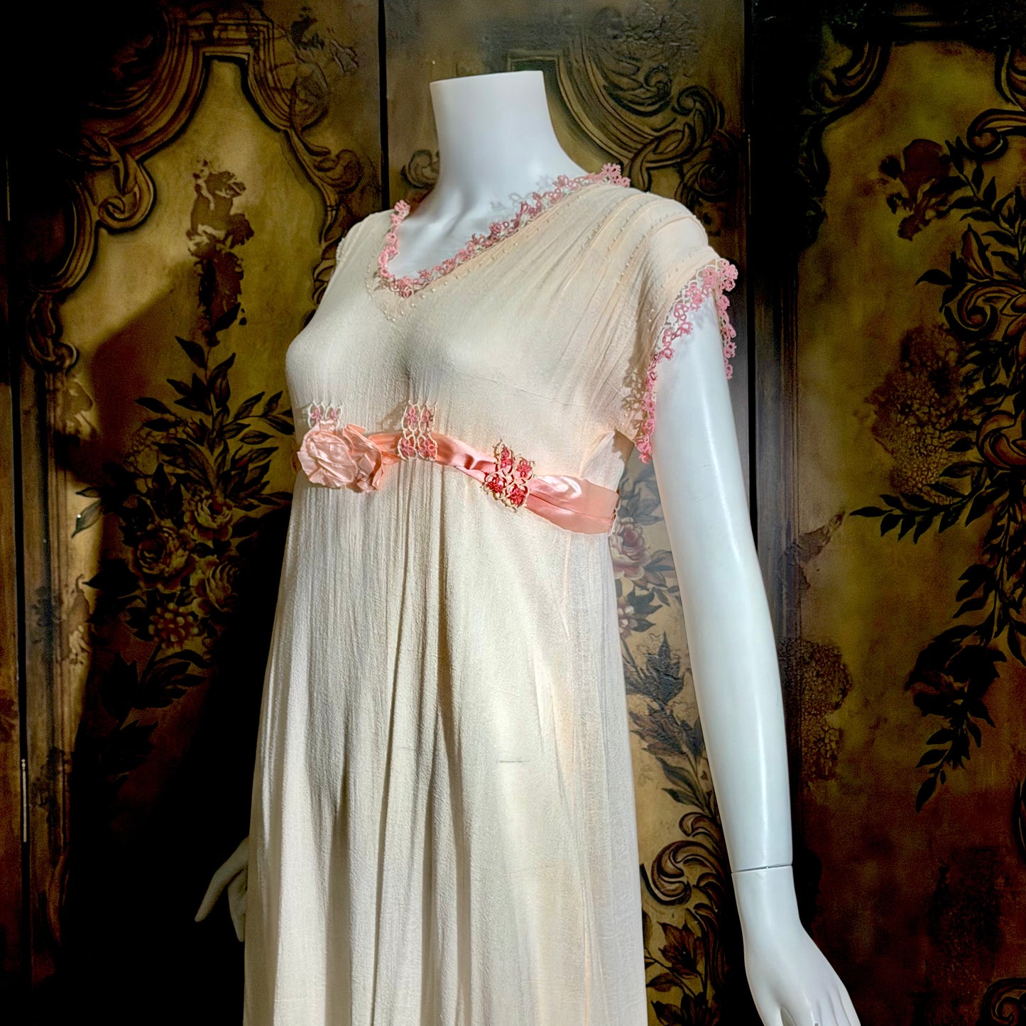 1900s Edwardian nightgown dress, Romantic Dusty pink cotton gauze muslin lingerie dress with needlework