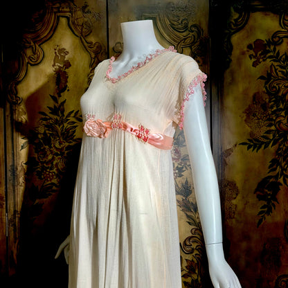1900s Edwardian nightgown dress, Romantic Dusty pink cotton gauze muslin lingerie dress with needlework