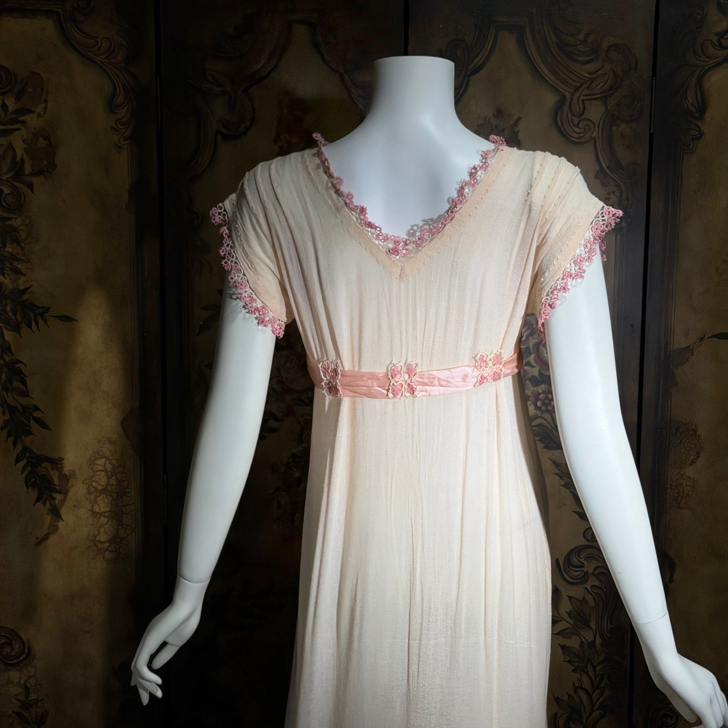 1900s Edwardian nightgown dress, Romantic Dusty pink cotton gauze muslin lingerie dress with needlework
