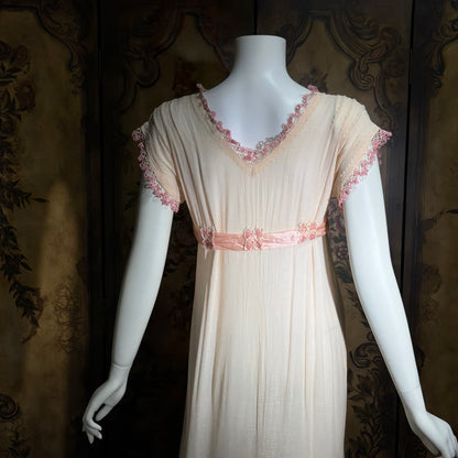 1900s Edwardian nightgown dress, Romantic Dusty pink cotton gauze muslin lingerie dress with needlework