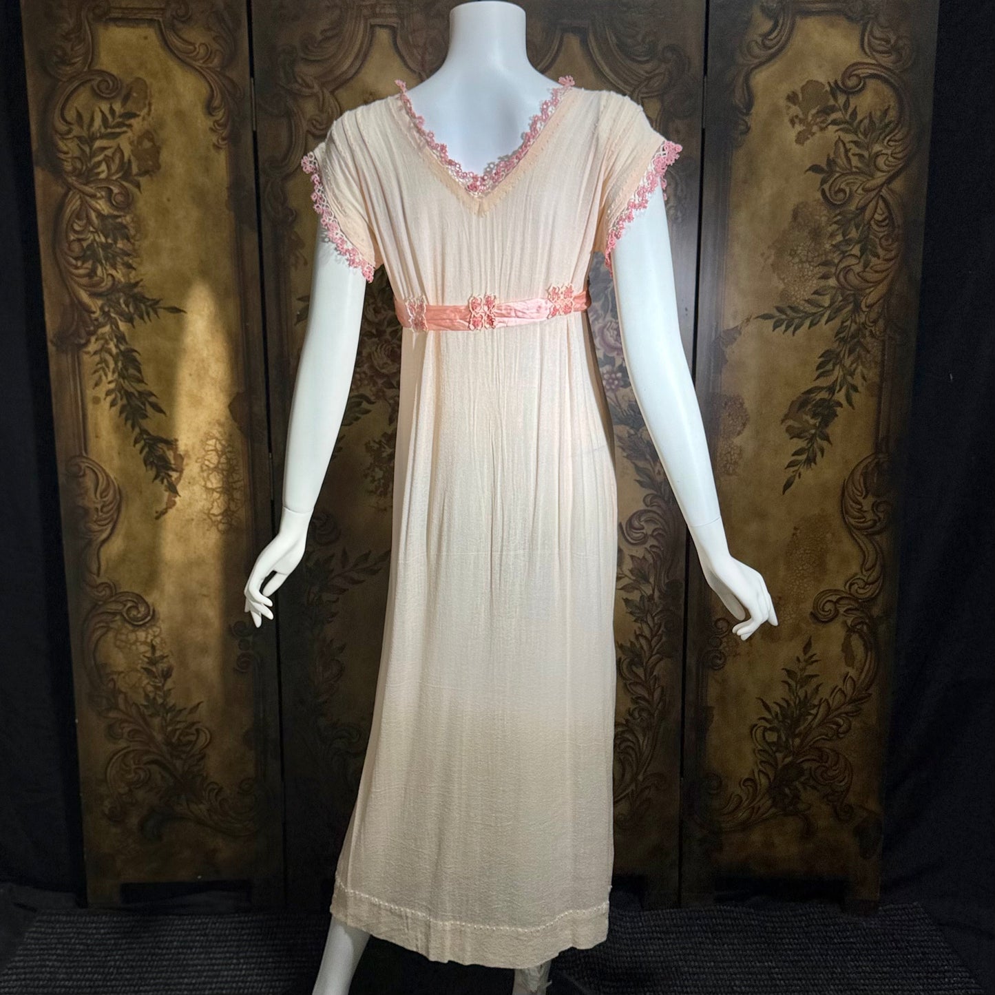 1900s Edwardian nightgown dress, Romantic Dusty pink cotton gauze muslin lingerie dress with needlework