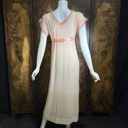 1900s Edwardian nightgown dress, Romantic Dusty pink cotton gauze muslin lingerie dress with needlework