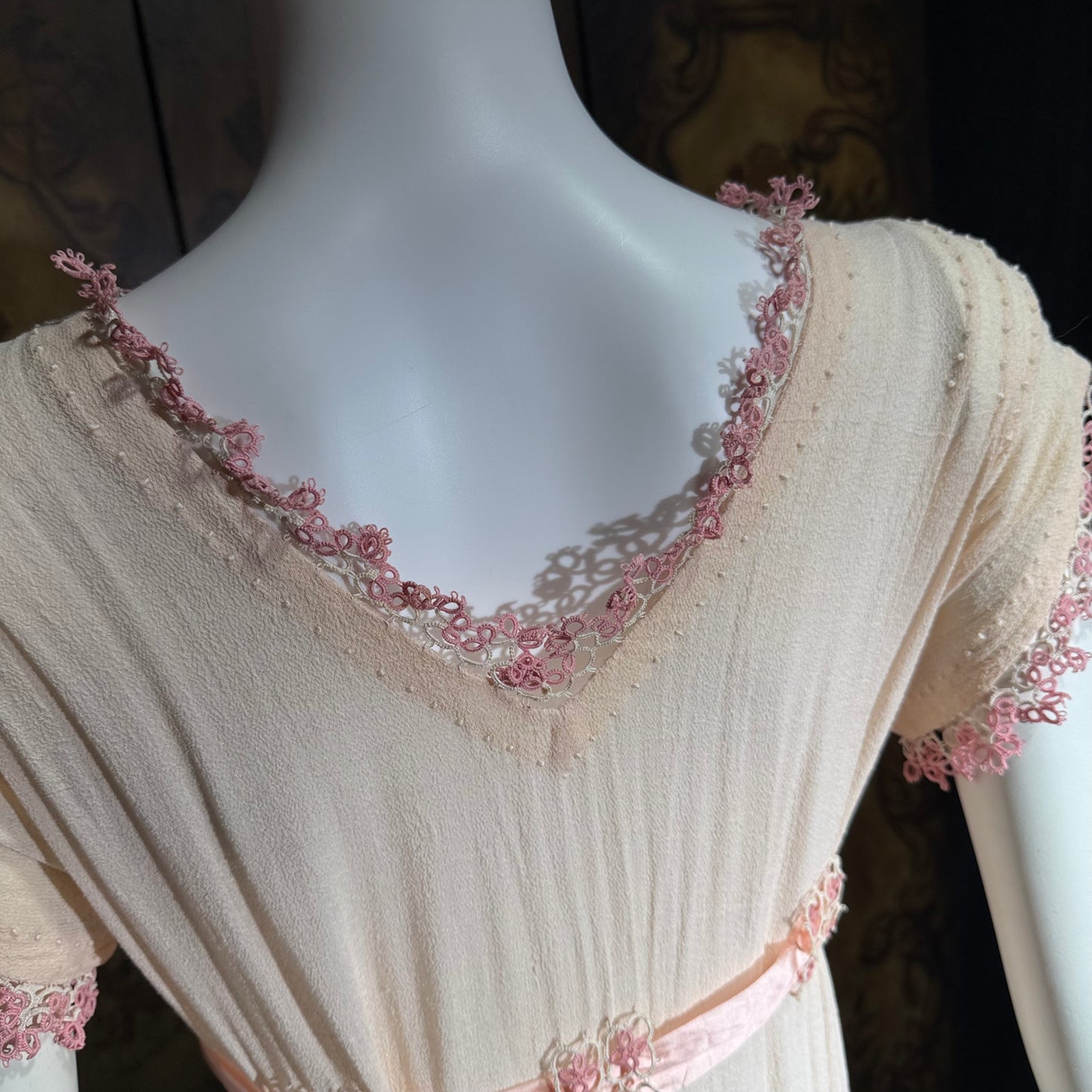 1900s Edwardian nightgown dress, Romantic Dusty pink cotton gauze muslin lingerie dress with needlework