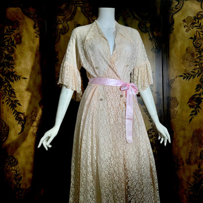 FLOBERT Vintage 1940s dressing gown robe, dusty pink sheer nylon lace wrap front full sweep housecoat hostess dress